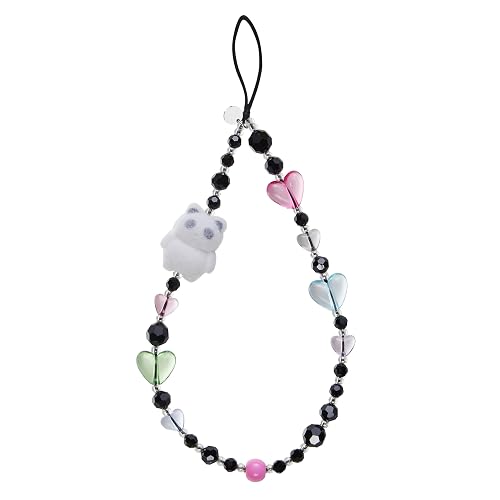 FREPERS Black Crystal Beads Phone Lanyard for Women, Cute Panda & Hearts Charm, Anti-Lost Wrist Strap with Thick Polyester Cord for iPhone 14/15/16