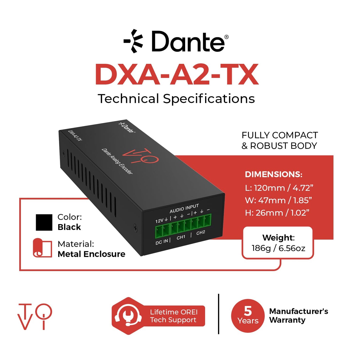 ToVi Dante Analog Audio Encoder - 2-Channel Analog to Dante/AES67 Audio Over IP Converter - Balanced/Unbalanced Input with 3-Level Gain - 24-bit