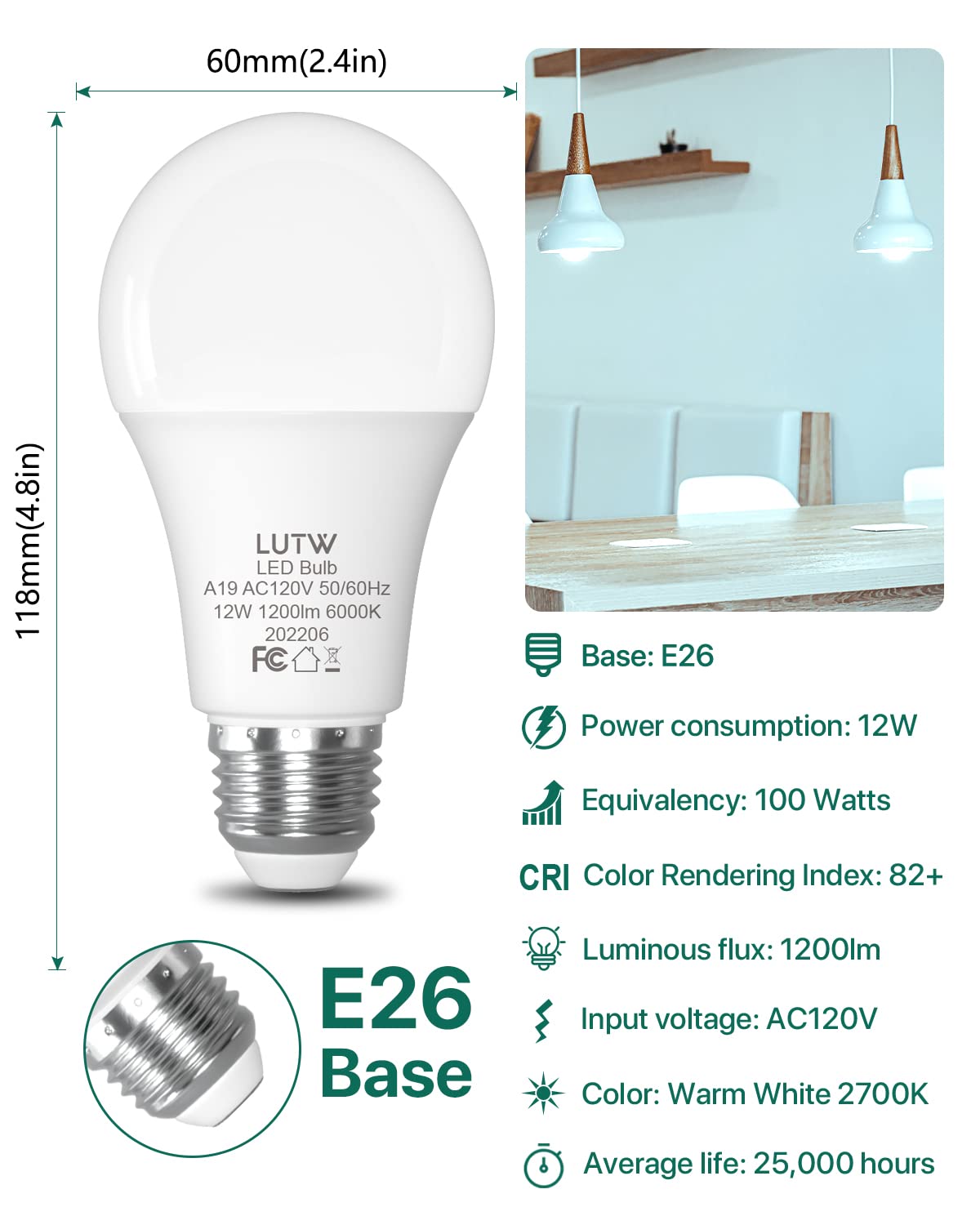 LUTW A19 E26 LED Bulbs, 100W Eqv, 12W, 6000K, Non-Dimmable, 6 Pack