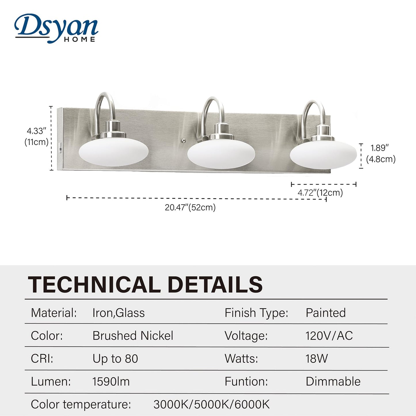Dsyan HOME Dimmable LED Bathroom Vanity Light Fixture, 3-Light Brushed Nickel Wall Sconce Lighting Over Mirror,Modern Vanity Light for Cabinet