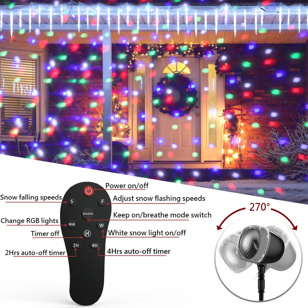 Syslux Christmas Projector Lights Outdoor, RGBW Christmas Snowfall Projector Light Rotating Falling Snow Projector with Remote Control Landscape