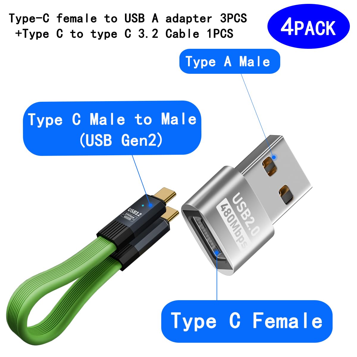 rgzhihuifz USB C Female to USB Male Adapter 4-Pack USB C to USB C Cable, 3.2 Gen 2 USB-C Cable 20Gbps USB C Cable 100W PD Fast Charging Cable
