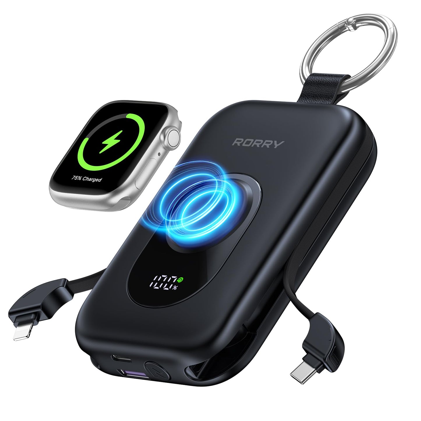 RORRY CharmGo Portable Charger, 20000mAh PD 30W Portable Charger Power Bank with 2 Built-in Cables, Fast Charging Battery Pack with Keychain, Travel