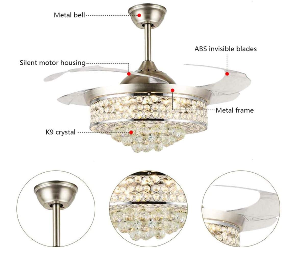 Angry Pryo 42" Crystal Ceiling Fan with Light Retractable Blades Modern LED Chandelier Remote 3 Colors 3 Speeds Silent Ceiling Fans Lighting