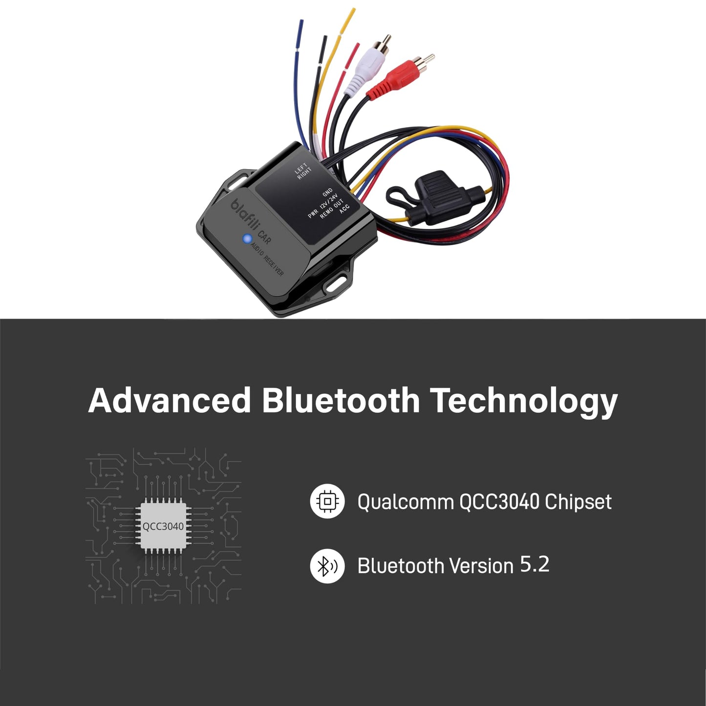 blafili CAR Bluetooth 5.2 Receiver - aptX Adaptive, aptX HD, AAC, SBC - 12V/24V Compatible, Remote Trigger, Stereo RCA Output - Wireless A2DP Adapter