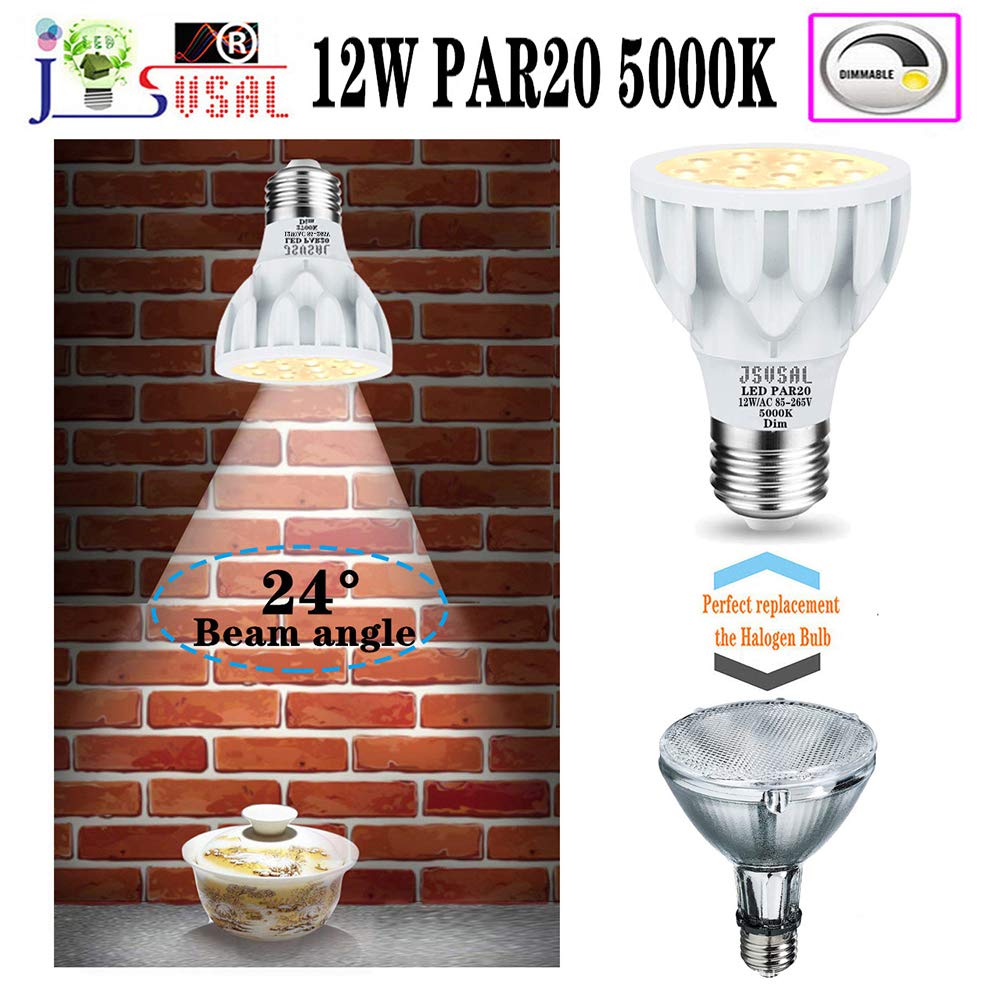 JSVSAL PAR20 LED Bulb,Daylight White 5000K,12W AC 85-265V,Dimmable,2-Pack