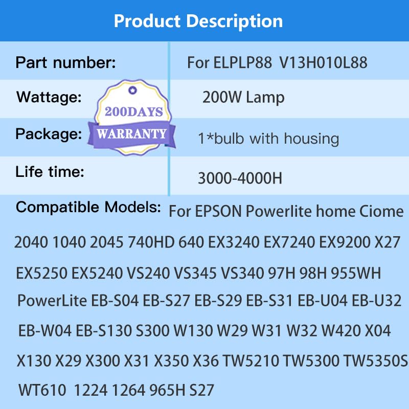 Suitable for ELPLP88/V13H010L88 Replacement Projector Bulb for Epson Powerlite Home Cinema 1040 2045 640 2040 740HD 97H 98H 99WH 955WH X27 W29 S27