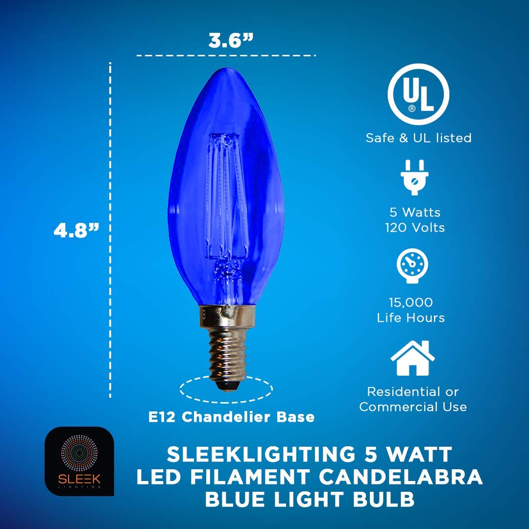 SLEEKLIGHTING 5 Watt E12 LED Filament Candelabra Blue Light Bulb, (60W Incandescent Replacement) Chandelier Torpedo Tip, Clear Glass Cover E12 Base 4