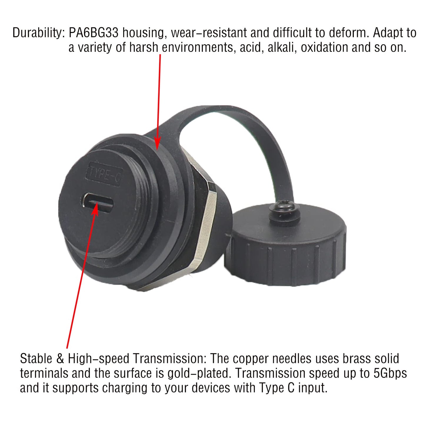 ANMBEST 5PCS USB 3.1 Type C Panel Mounting Waterproof Connector, IP67 24 Pins Female to Female PA6BG33 Housing Double Head Adapter