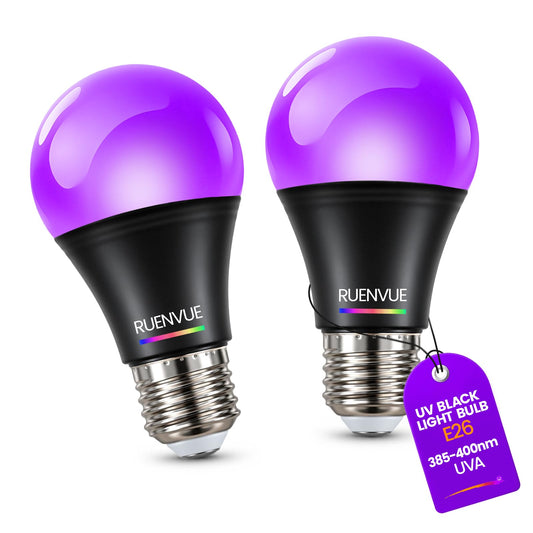2 Pack LED Black Light Bulbs, 12W UV Blacklight Bulb Replace Up to 100W, A19 E26 Base, UVA 385-400nm for Glow in The Dark Parties, Fluorescent