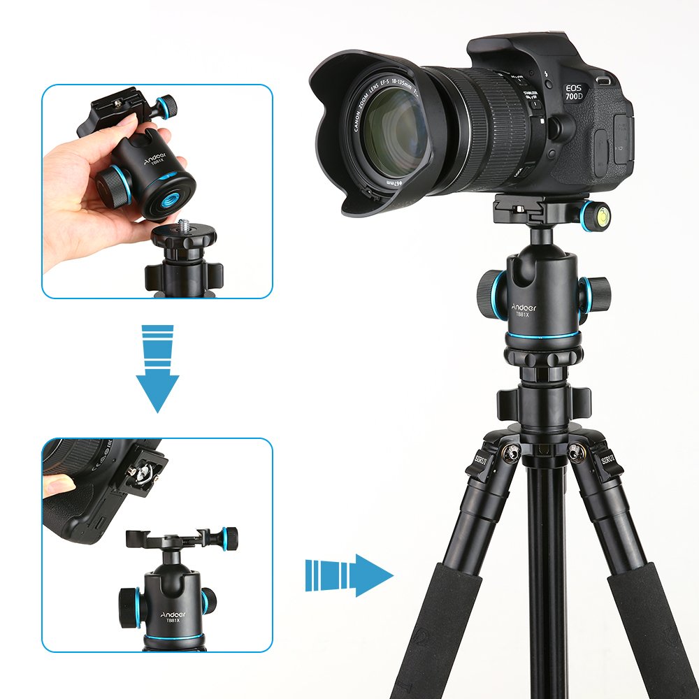 Andoer Tb81X Tripod Ball Head 360 Degree Rotating Panoramic Camera Quick Release Ball Head for Tripod Monopod Slider DSLR Camera with 3Pcs 1/4"