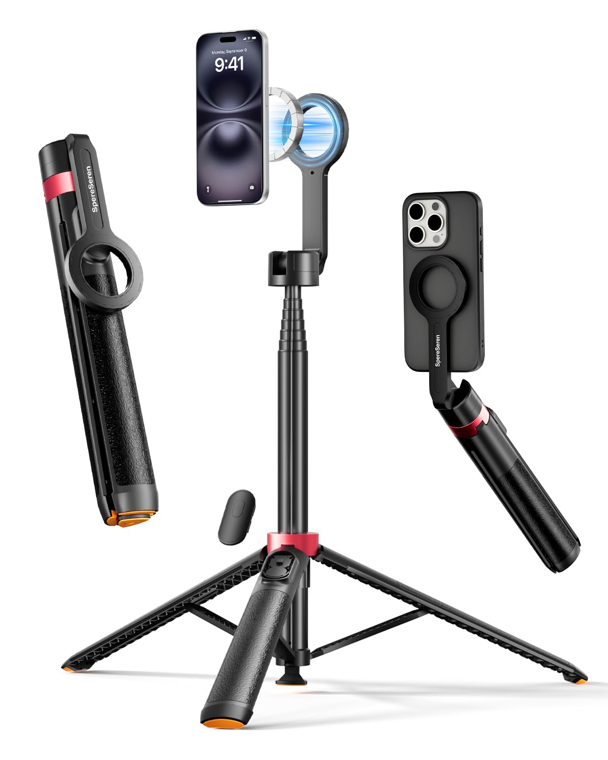 SpereSeren [1s-Open] Magnetic Phone Tripod for iPhone MagSafe - 70'' Selfie Stick Tripod Stand with Remote, Portable Cellphone Stand for Recording