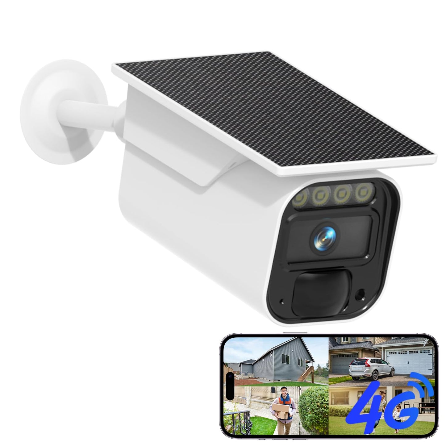 KKB 4G LTE Cellular Security Camera with Integrated Solar Panel, No WiFi Needed Security Cameras Outdoor Built-in SIM, 2K Wireless Off-Grid Cam