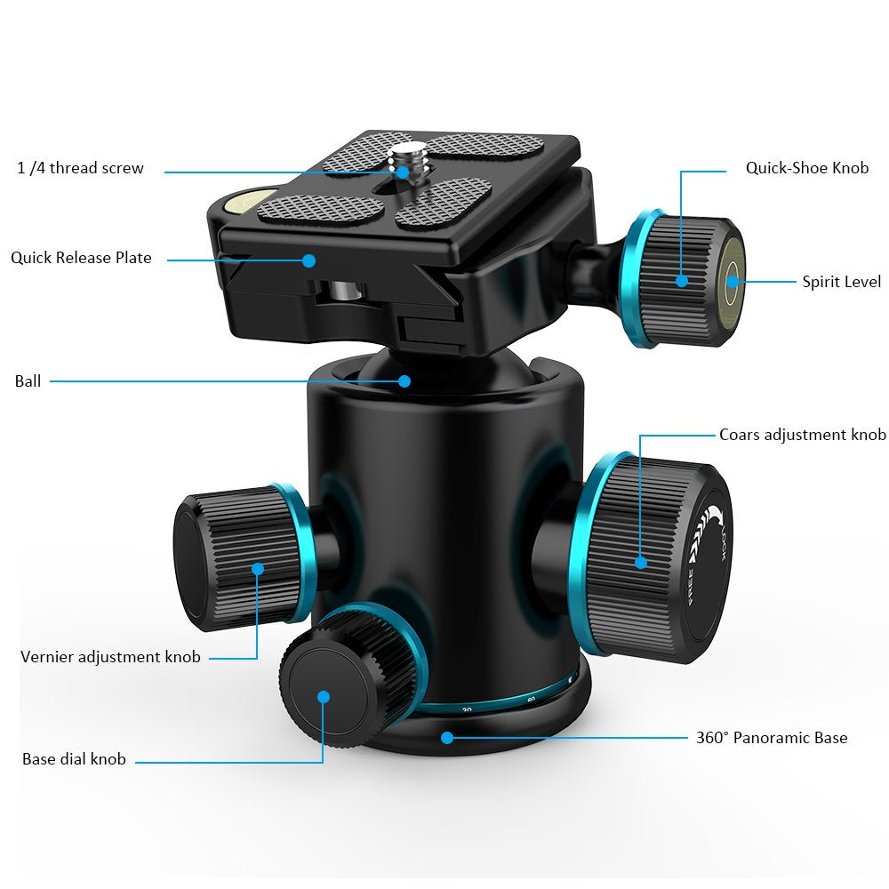 Andoer Tb81X Tripod Ball Head 360 Degree Rotating Panoramic Camera Quick Release Ball Head for Tripod Monopod Slider DSLR Camera with 3Pcs 1/4"