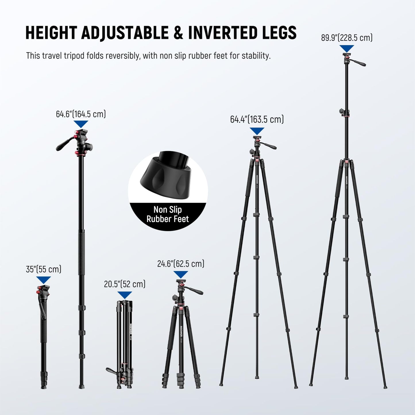 NEEWER Overhead Horizontal Camera Tripod Monopod with Fluid Head & Flexible Center Column, 90 Inch Tall Metal DSLR Video Travel Stand, Arca Type QR