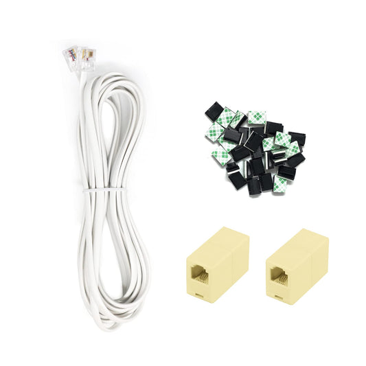 OLIREXD RJ11 Landline System Accessories Include 25FT Extension Phone Cord with 30 Adhesive Cable Clips and 2 6P4C Straight Female to Female Inline