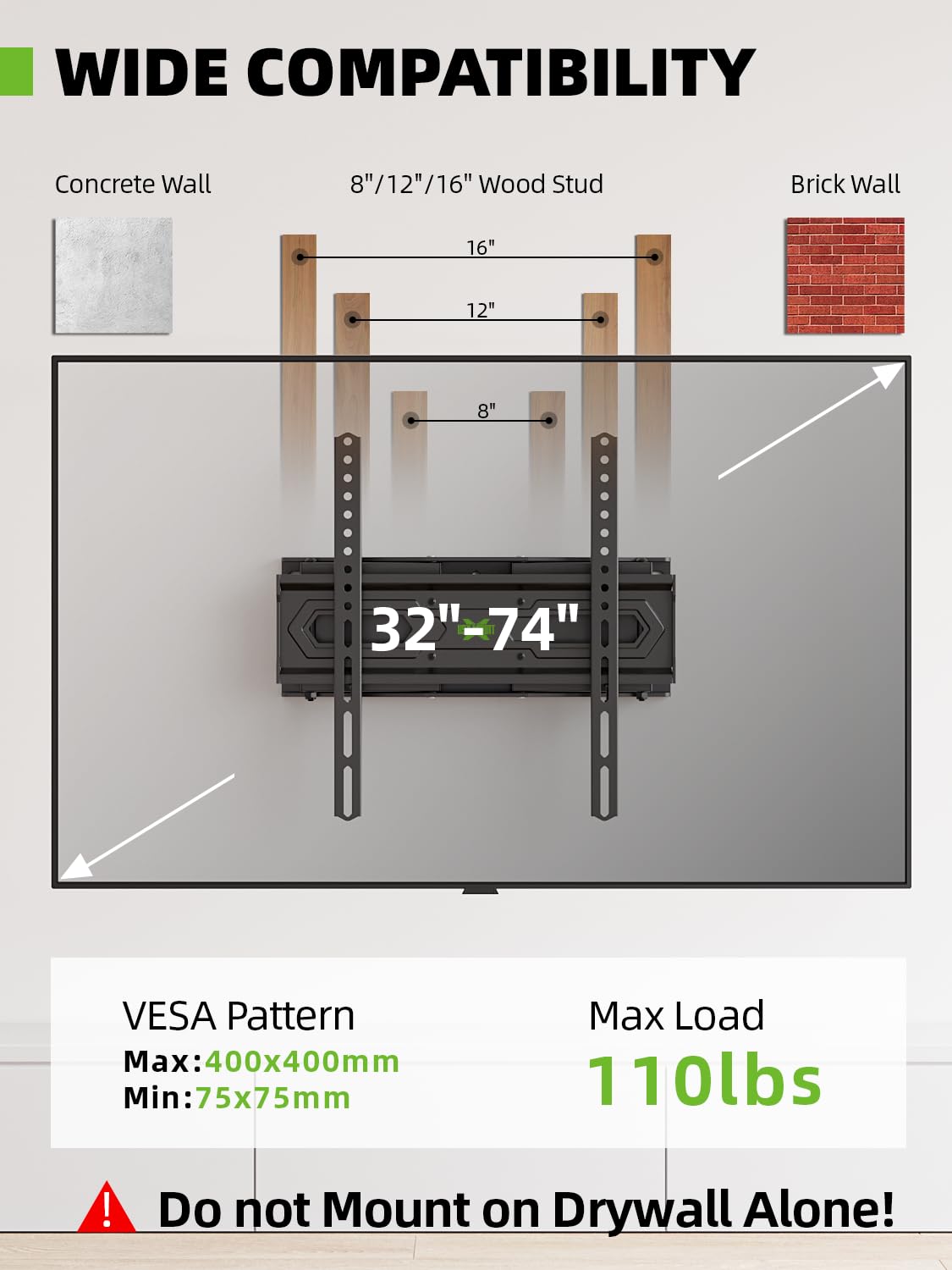 USX MOUNT TV Wall Mount for 32-74 inch Flat Screen/LED/4K up to 110lbs, Full Motion TV Mount Bracket with Swivel & Tilt Articulating Dual Arms, Max