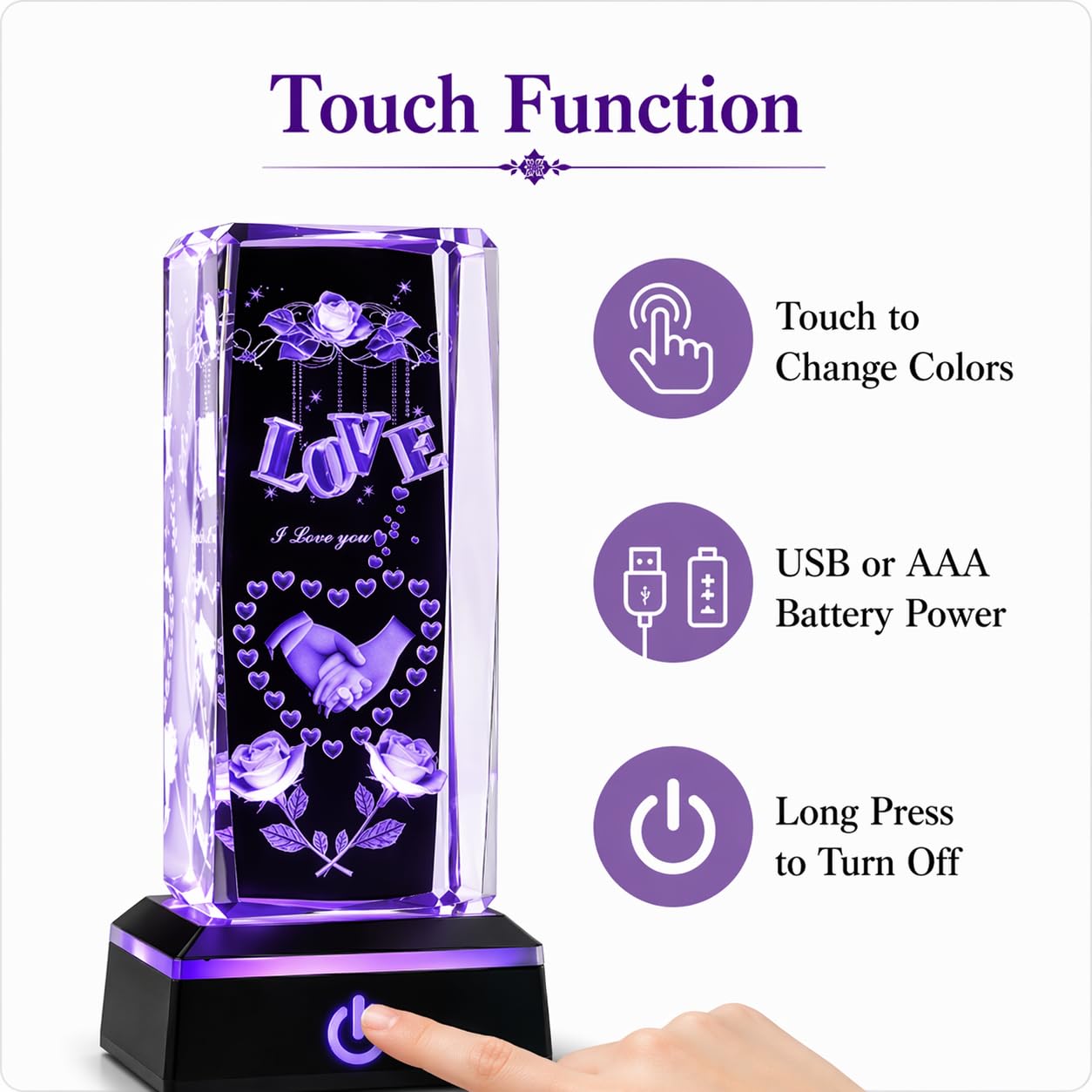 Zerelys Romantic Gifts for Him Her, Mother’s Day Gift for Wife, 3D Love Crystal Night Light with Multicolor LED Base, Anniversary Birthday Valentine’s
