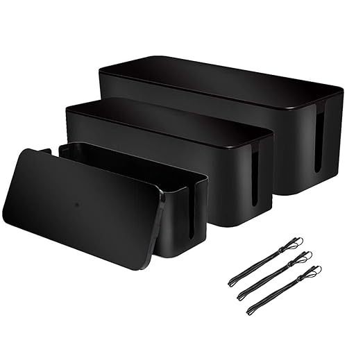 [Set of 3] 3 Cable Management Boxes + 3 Wire Ties, Large Cord Box Organizers to Hold and Hide Power Strip Charger Adapter Power Cord Charging Station