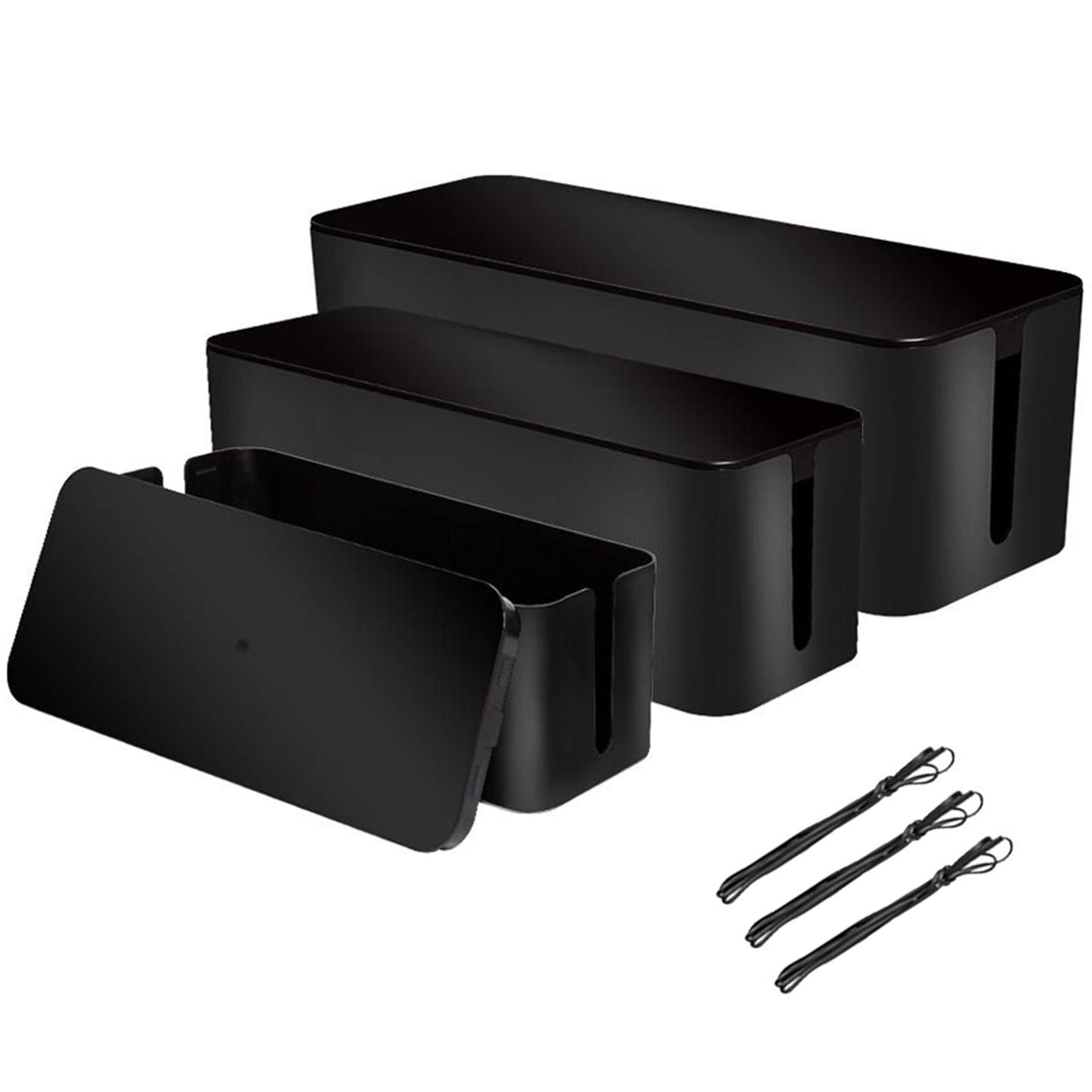 [Set of 3] 3 Cable Management Boxes + 3 Wire Ties, Large Cord Box Organizers to Hold and Hide Power Strip Charger Adapter Power Cord Charging Station