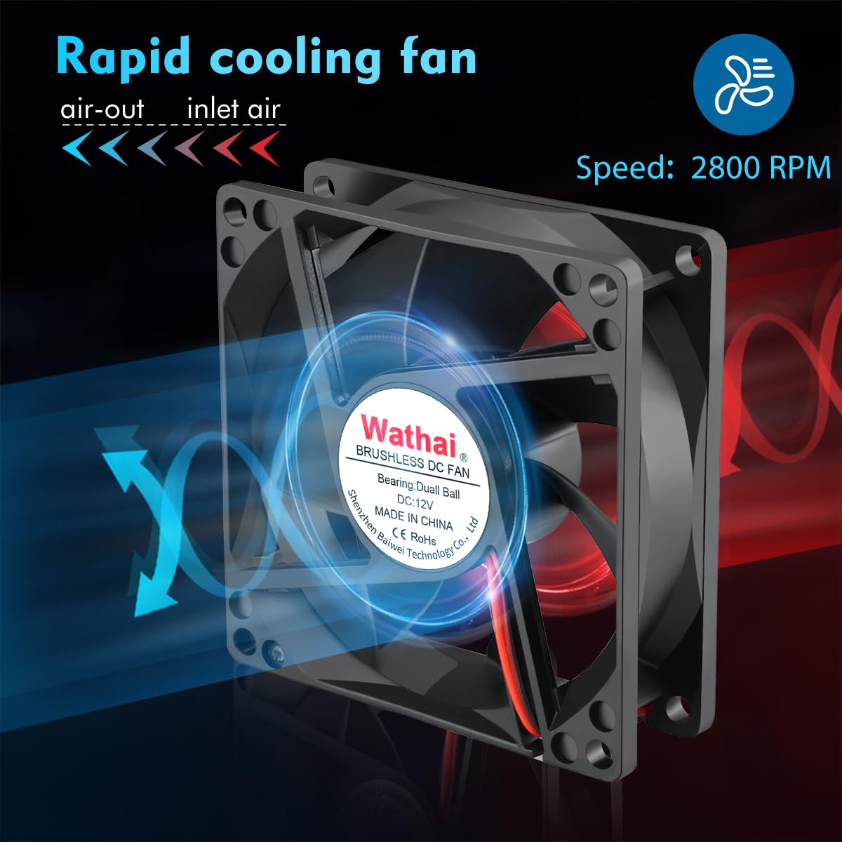 Wathai 80mm x 25mm DC Brushless Cooling Fan 12V 2Pin High Performance Dual Ball Bearing Computer Fan for Desktop, Laptop, Refrigerator