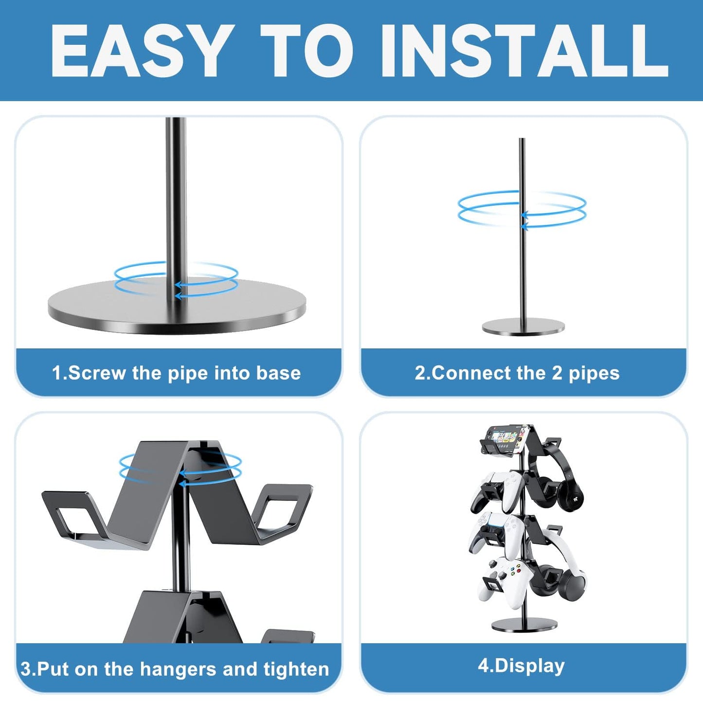 Karanava Controller Holder 4 Tier,Headphone Stand - Adjustable Headset Holder for Xbox PS5 PS4 Switch Pro - Gaming Accessories Storage