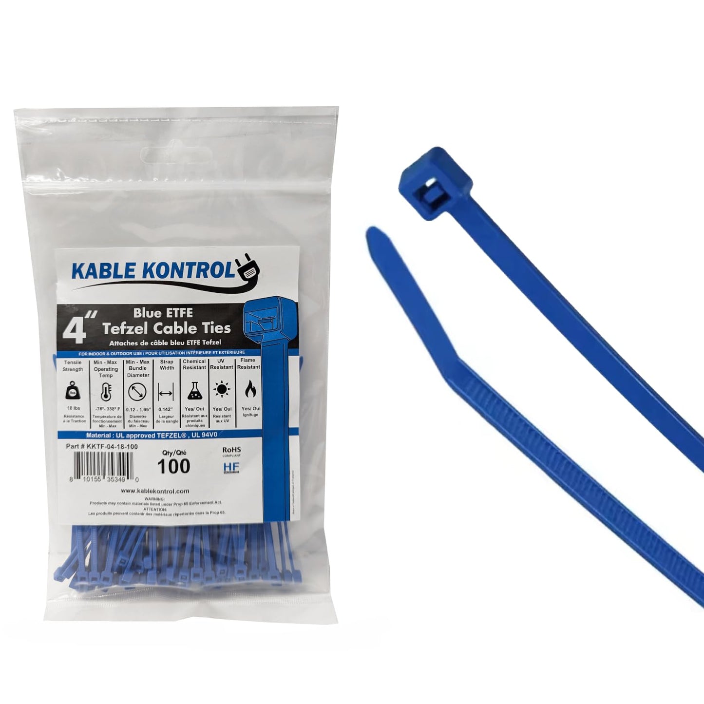 Kable Kontrol Tefzel Cable Ties ETFE, 4 Inch 100 Pcs, 18 Lbs Tensile Strength, High Temp Zip Ties UV, Chemical Resistant, Non-Corrosive, Ideal