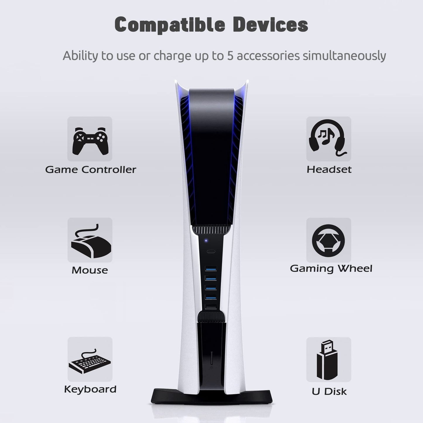 AQIDAP 5 Port USB Hub for PS5,USB High-Speed Expansion Hub Charger USB Extender Compatible with PlayStation 5 Game Consolewith 4 USB + 1 USB Charging