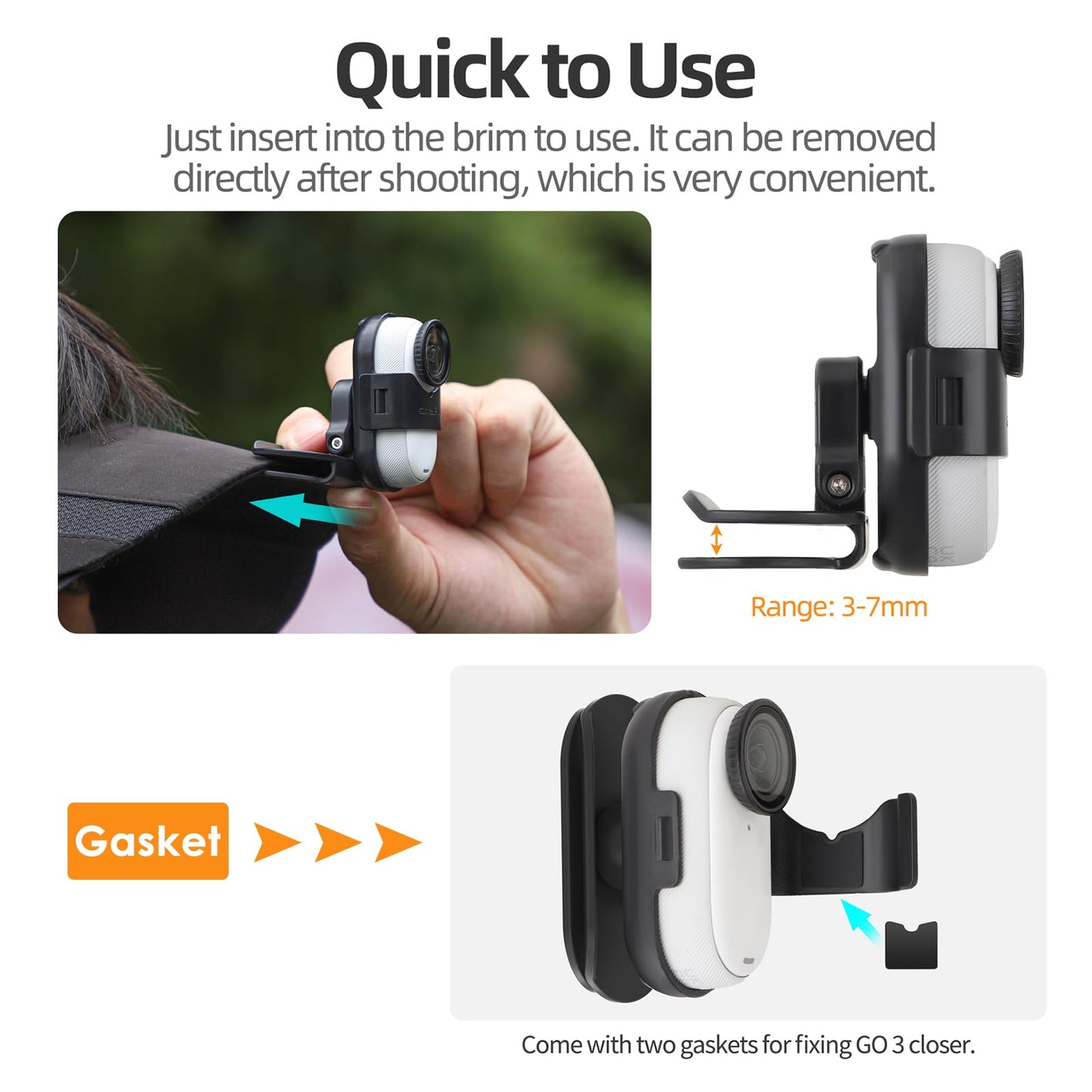 CAPART Rotatable Action Camera Hat Clip, Compatible with Insta360 GO 3S and GO 3, Vertical and Horizonal Adjustable, Clip Widely Fixed on Backpack