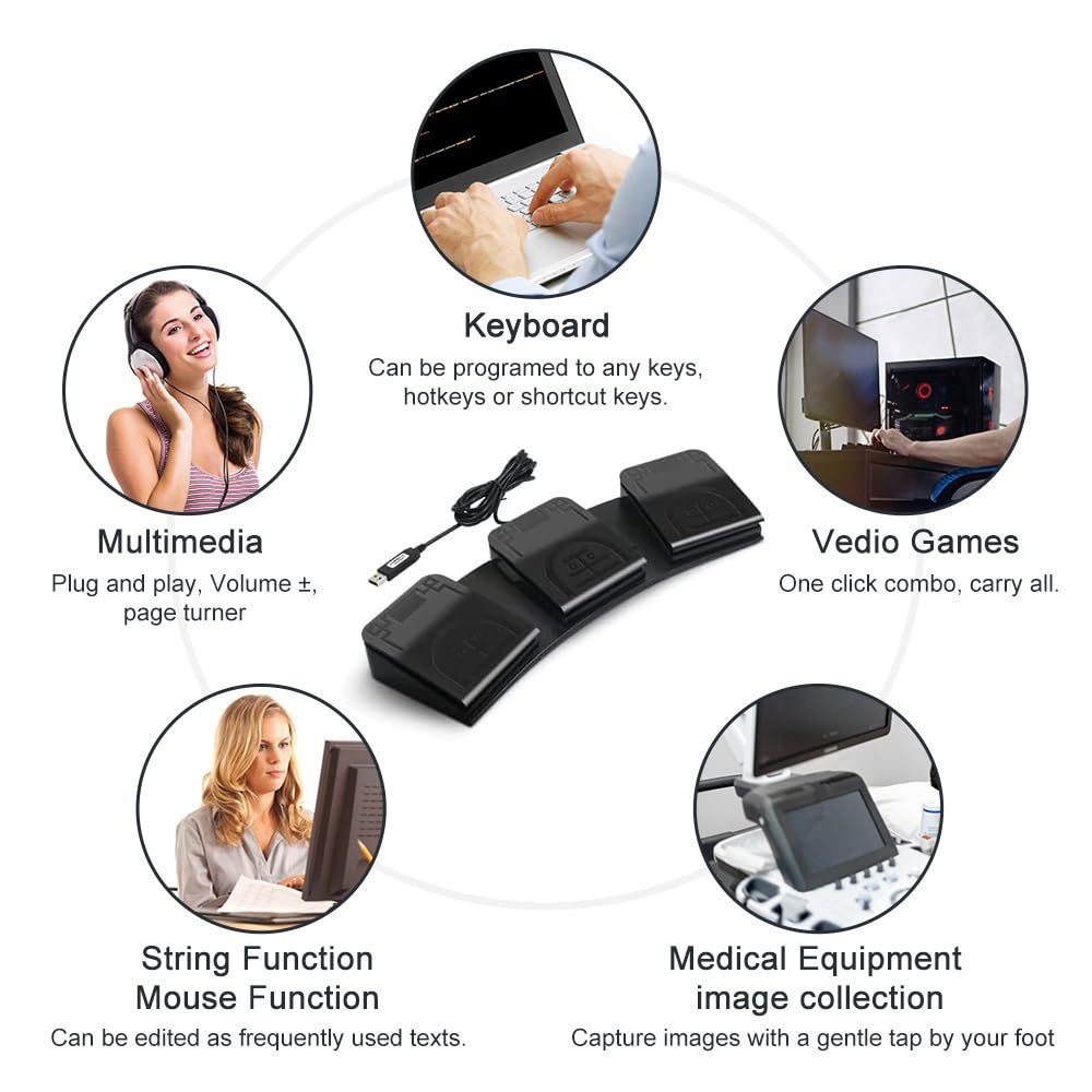 PCsensor USB Foot Pedal PC 3 Key Foot Pedal Customized Foot Switch Programmable Computer Keyboard Mouse for Video Game Control Office Work Sheet Music