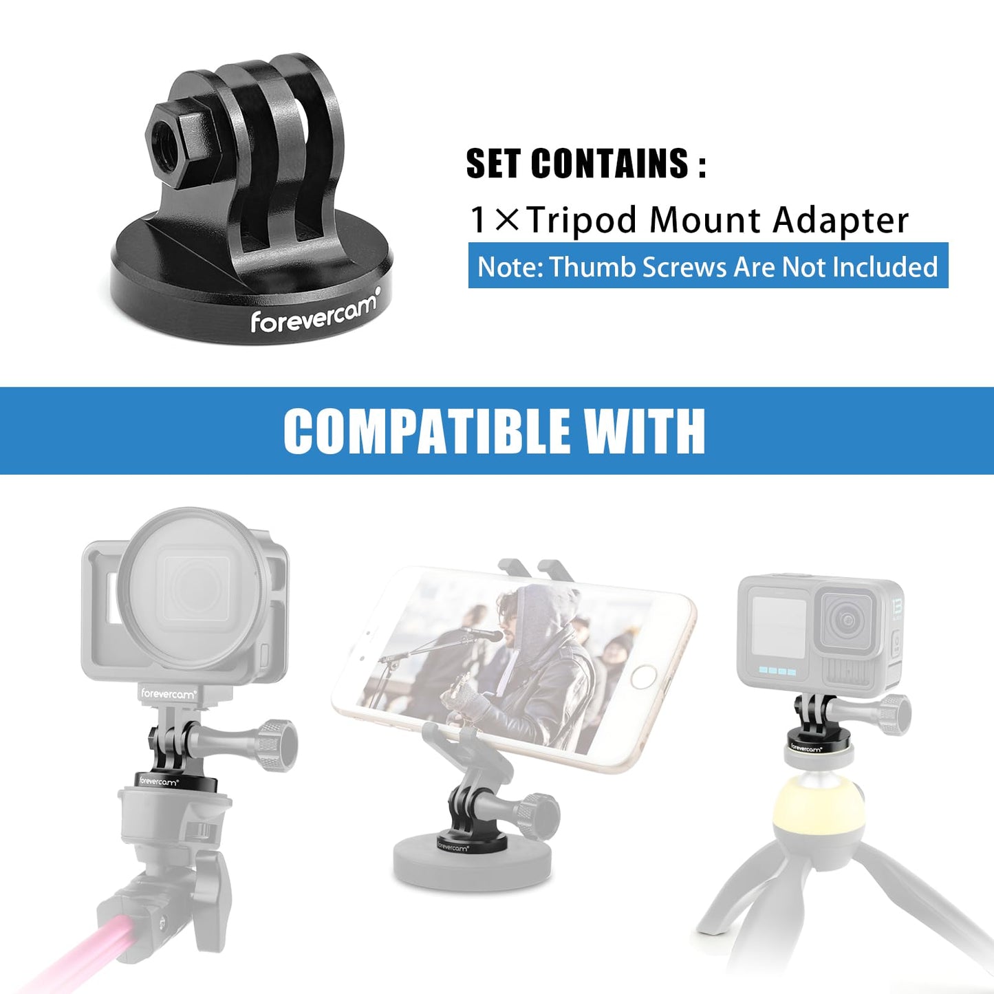Forevercam Aluminum Tripod Mount Adapter for Gopro Monopod Adapter Mount Compatible for Gopro Hero 13 12 11 10 9 8 DJI Osmo Insta360 AKASO and Other