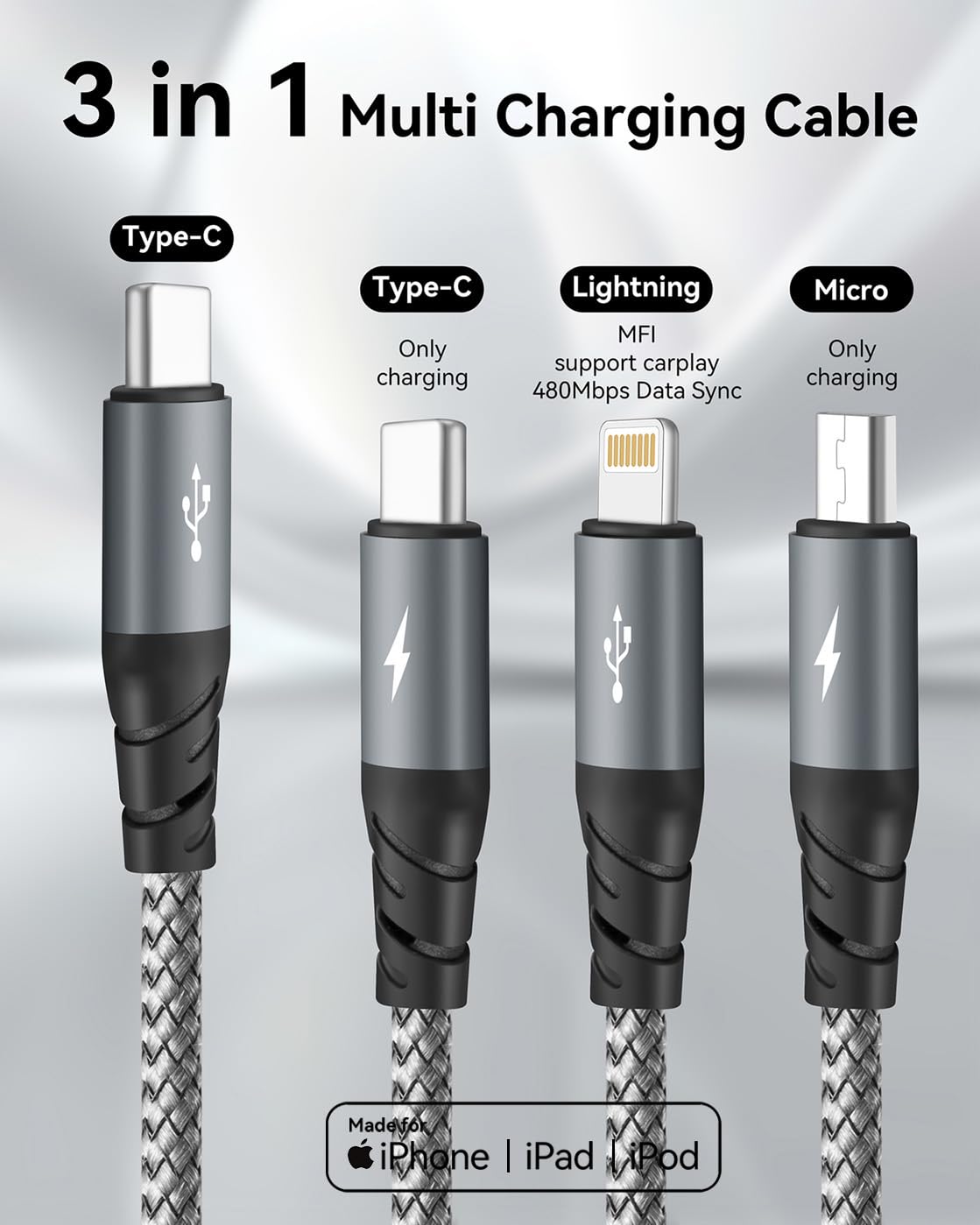 Miger USB C 3 in 1 Charging Cable,[2 Pack 6FT] Multi Charging Cable for Multiple Devices Braided Multi Charger Cable Universal Charger Cord