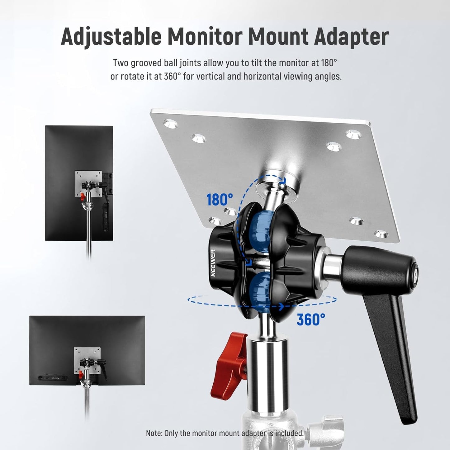 NEEWER Monitor Mount Adapter with VESA Mount, Aluminum Alloy Light Stand Adapter Dual 360° Ball Joint M4 Screw & 5/8" Receiver for Impact Screen