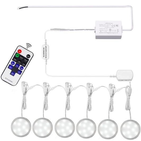 AIBOO Linkable Under Cabinet LED Lighting Hard Wire 12V Slim Aluminum Dimmable Puck Lights with Wireless Controller for Ambiance Lighting(6 Lights