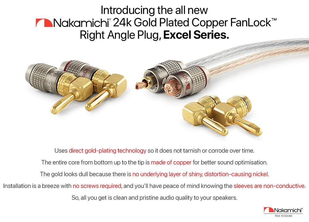 Nakamichi FanLock Excel Series 24k Gold Plated Right-Angle 90 Degree Banana Plug 10 AWG - 18 AWG Gauge Size 4mm for Speakers Amplifier Hi-Fi Home