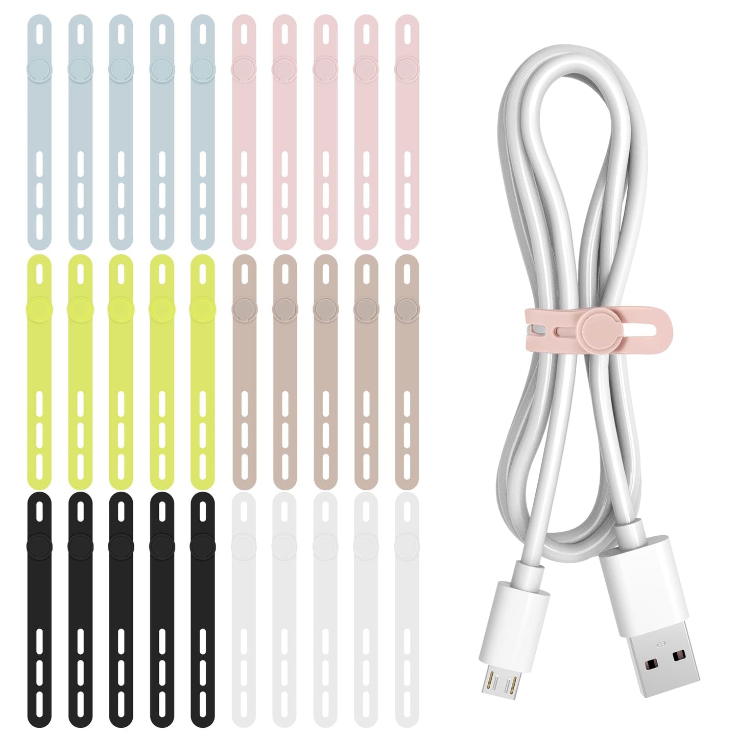 Donruby 30Pcs Silicone Cable Ties - Reusable & Washable with Adjustable Locking Buckles, High Elasticity Cable Management Straps for Home, Office
