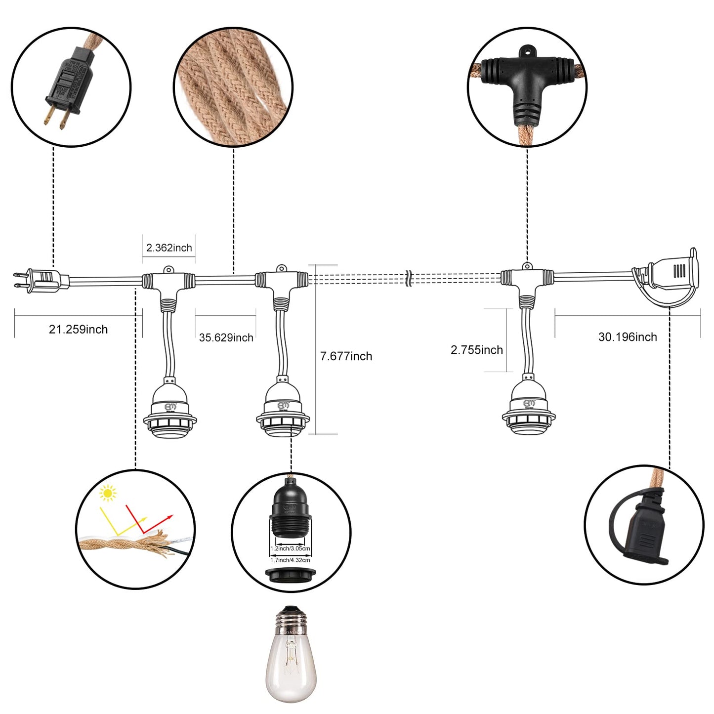 EE Eleven Master 48 FT Hemp Rope Outdoor String Lights Waterproof Patio Lights with 15 Shatterproof Heavy-Duty Commercial Grade Connectable