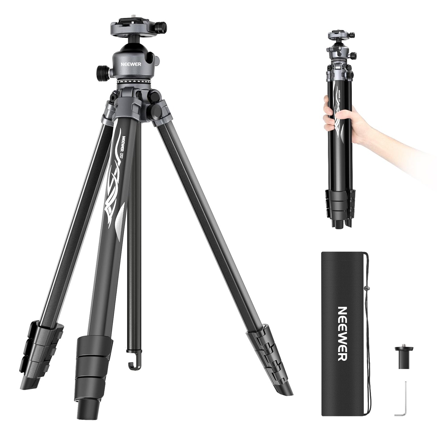 NEEWER LITETRIP LT07 61" Aluminum Travel Tripod Stand for Camera with Pan Tilt Low Profile Ball Head, Arca QR Plate Compatible with PD, Dual Center
