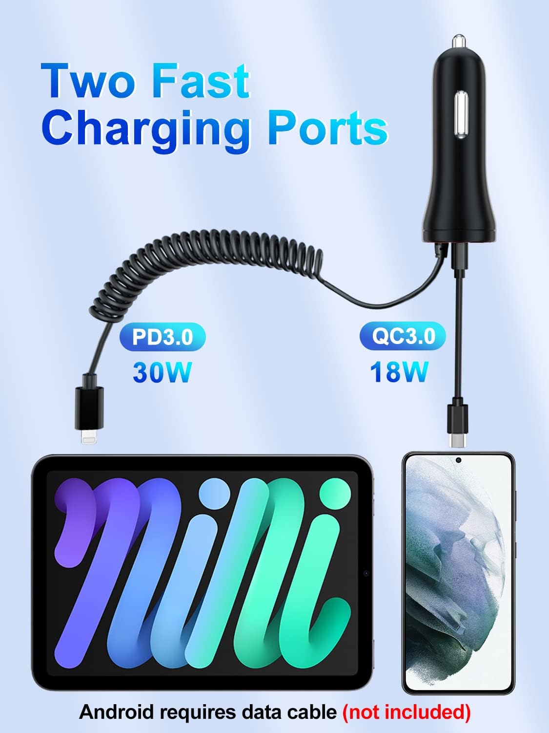 HUNDA Fast Car Charger 48W, Dual Port Super Fast Charging with PD3.0 & QC4.0, Car Accessories with Built-in 5ft Coiled Lightning Cable for iPhone