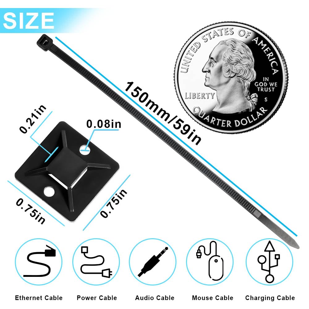 Zip Tie Mounts and Zip Ties - Small Cable Tie Adhesive Mount, 3/4in black 100 Sets. Wires Zip Tie Adhesive-backed anchors for Pedal Board Cable