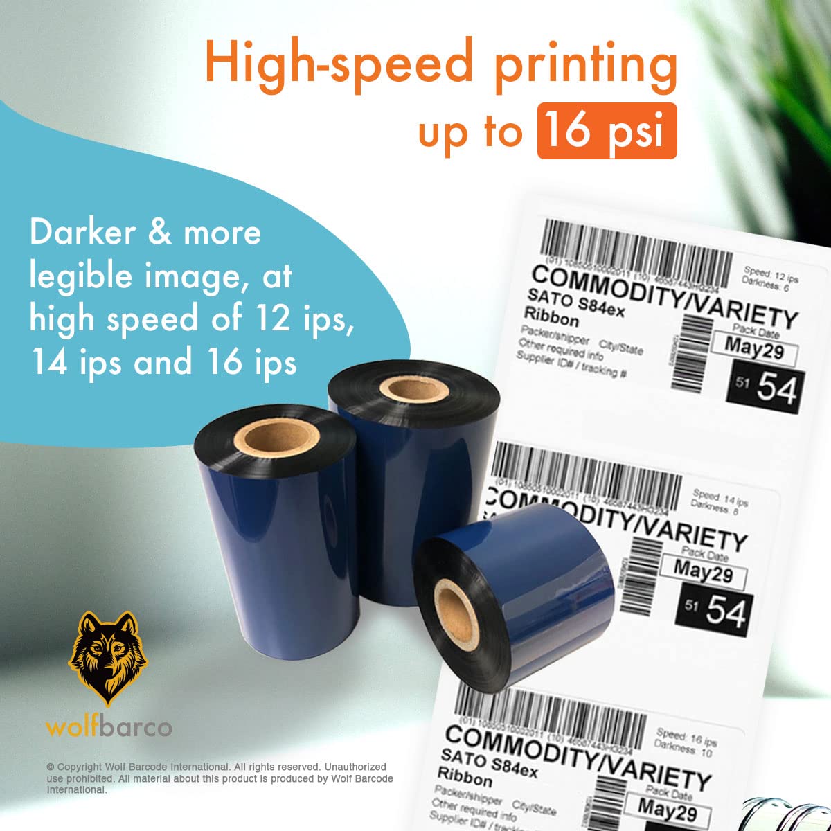 Wolfbarco 6 Rolls 4.33" x 984' (110mm x 300m) Premium Resin Enhanced Wax Thermal Transfer Ribbon 1" Core, Coated Side Out for Zebra Printers