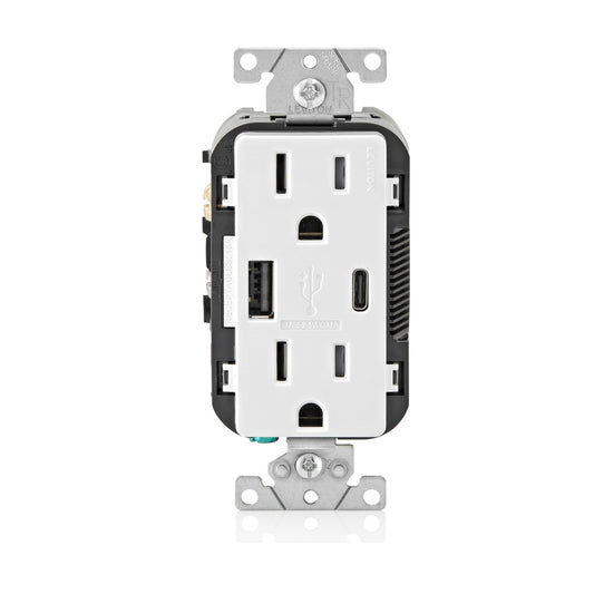 Leviton 18W USB Type-A/C in-Wall Charger with 15A Tamper-Resistant Outlet, USB Charger for Smartphones, Not for Laptops, T5638-W, White
