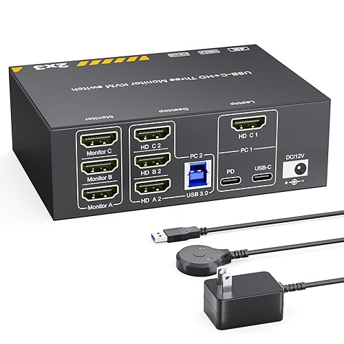 KVM Switch 3 Monitors for 1 Laptop and 1 Desktop 4K@60Hz, USB C HDMI Three Monitor KVM Switch,Docking Station KVM Switches with 4 USB 3.0 Port, 87W PD