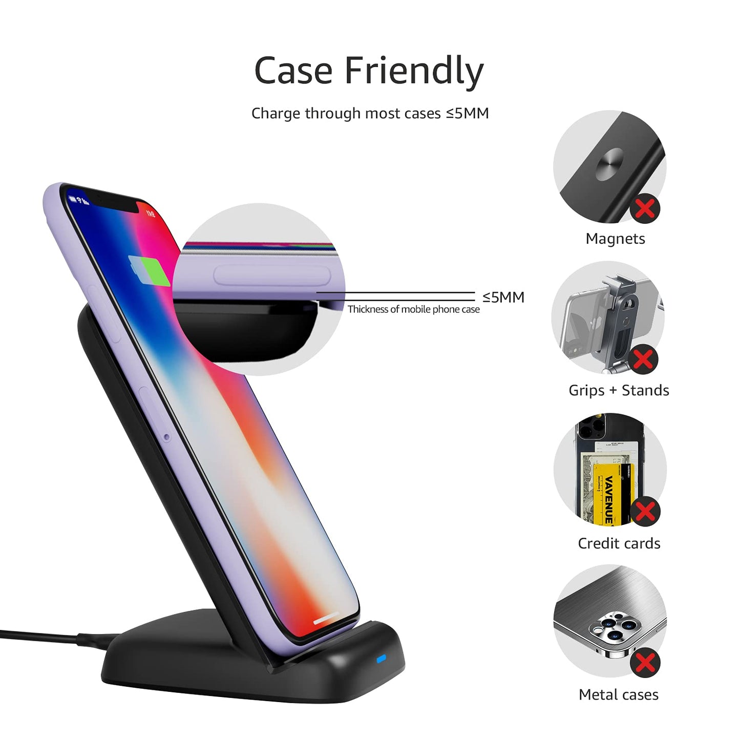 Amazon Basics Wireless Phone Charger Stand, 10W Qi Certified with USB Cable, Compatible with iPhone 16/15/14/13/12/11/X, Samsung & More, with USB