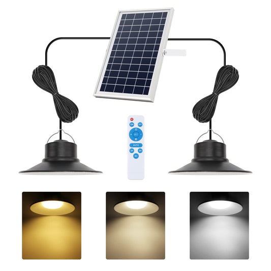 NIORSUN Solar Indoor Lights Outdoor, LED Solar Pendant Lights 3 Color Dimmable Lighting with Remote Control, Gazebo Lights,2x16.4ft Cable IP65