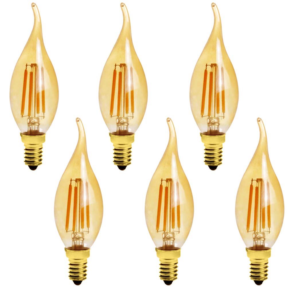 6-Pack E14 4W C35 Dimmable LED Candelabra Bulb,CA10 40 Watt Equivalent 2200K Warm White 600Lumen Edison Candle Flame Shape Bent Tip Light Bulb,Amber