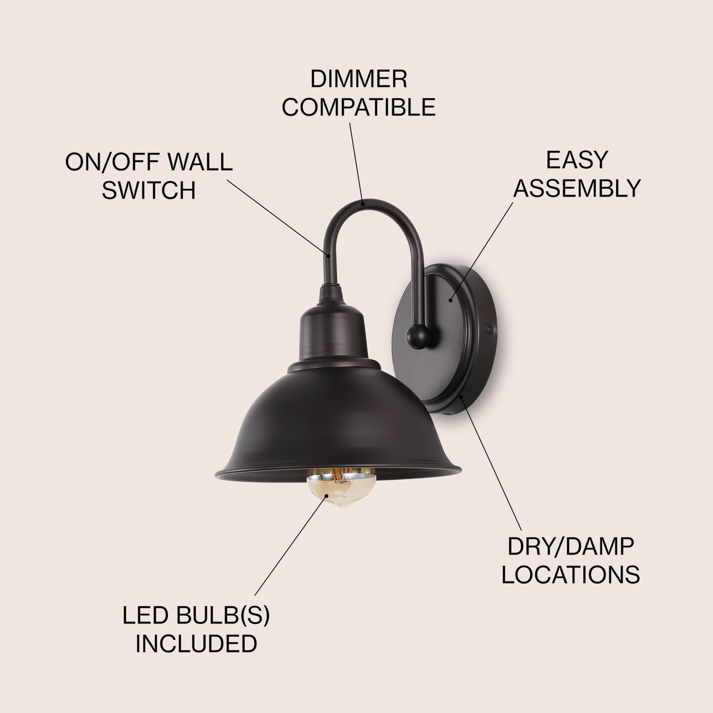 JONATHAN Y 8" Oil Rubbed Bronze Farmhouse Industrial 1-Light LED Vanity Wall Sconce for Bathroom Mirror Kitchen, Metal Shade, Dimmable Vintage