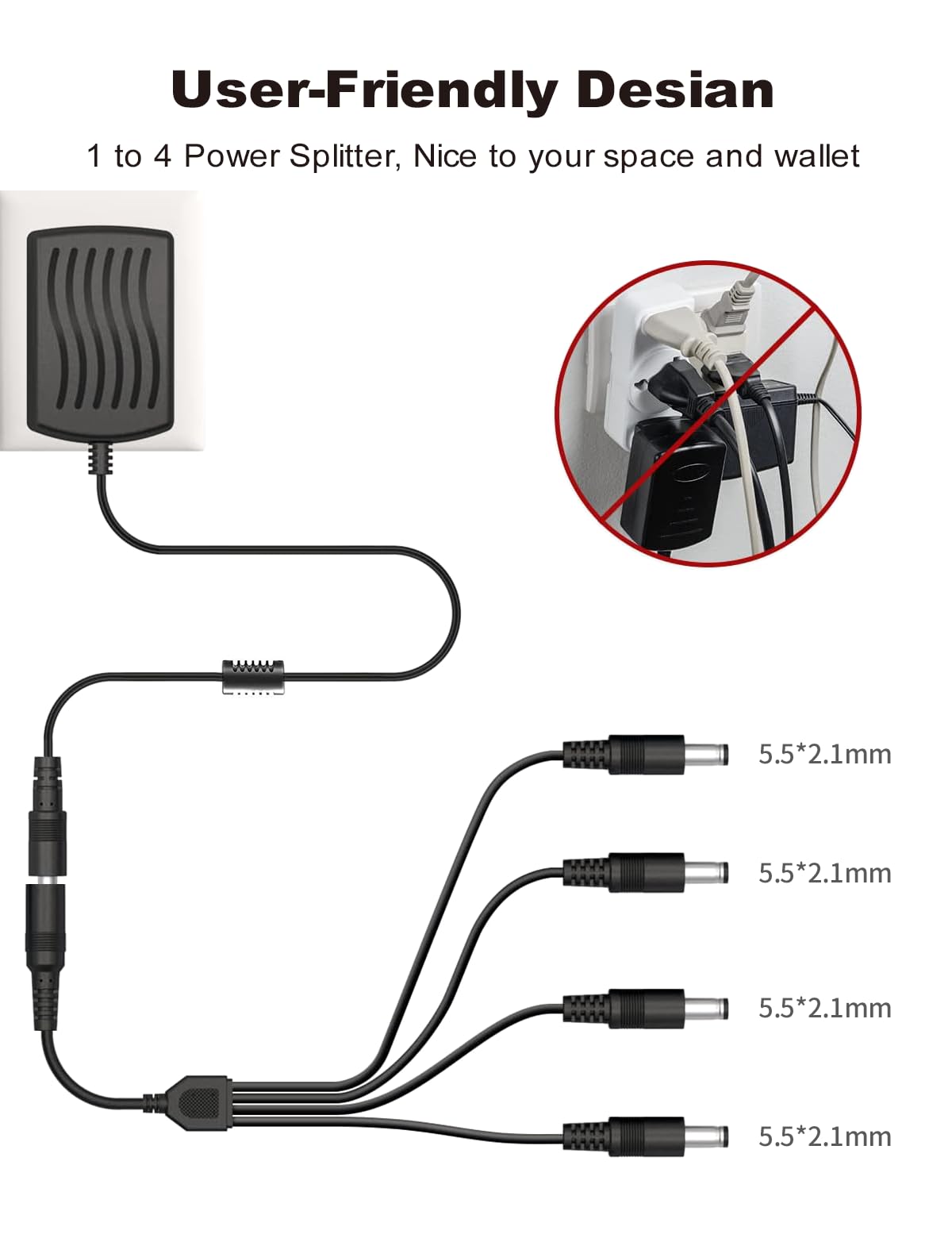 Lonnky DC 12V 2A Security Camera Power Adapter Combine with 1 to 4 Power Splitter for CCTV Security Camera System, UL/FCC Certificate for North