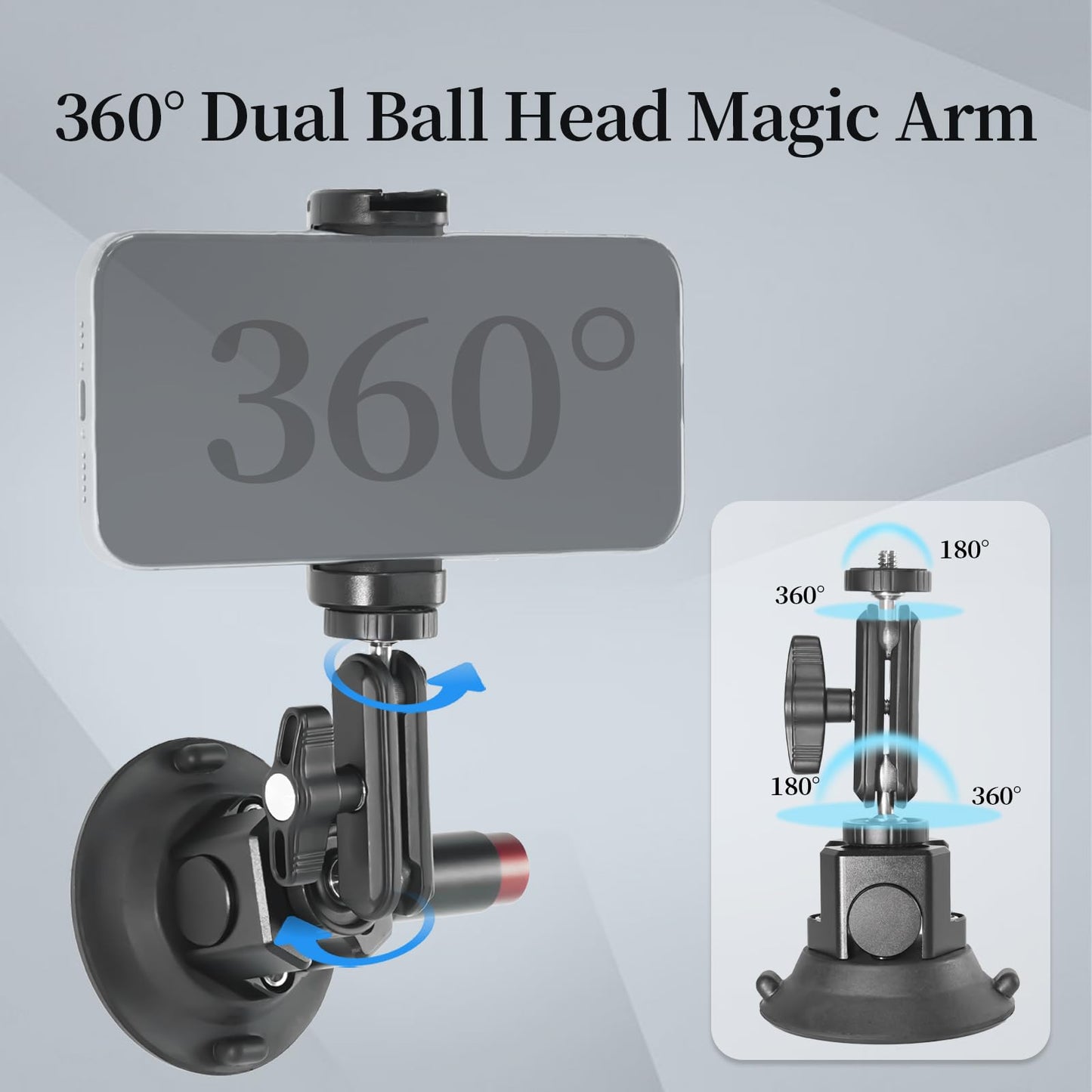CNC Machined 3in Camera Suction Cup Mount with Adjustable Magic Arm, 1/4" ARRI Holes Quick Release Car Mount with Phone Holder & Action Camera Adapter