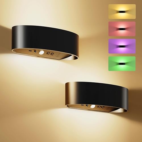 Motion Sensor Wall Light, 5000mAh Rechargeable Battery Operated Motion Sensor Light Indoor with Remote, 15 RGB and 3 Colors Dimmable, Wireless Wall